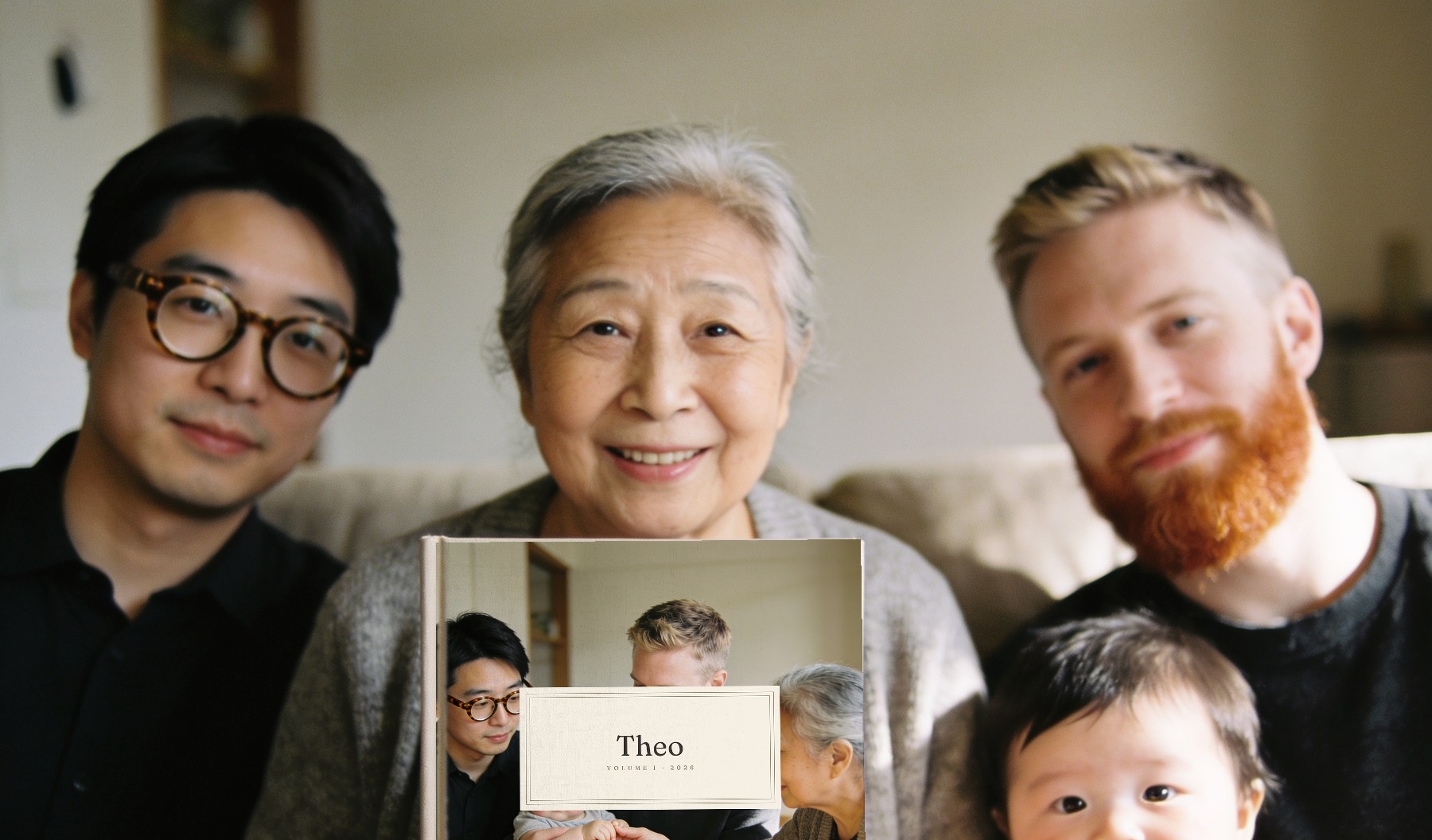 A grandmother's hands holding a closed Volume One baby book on her lap